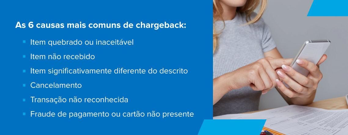 Arte com fundo azul apresenta o título 'As 6 causas mais comuns de chargeback'. A lista inclui: Item quebrado ou inaceitável; Item não recebido; Item significativamente diferente do descrito; Cancelamento; Transação não reconhecida; Fraude de pagamento ou cartão não presente. Ao lado, uma mulher usa o celular enquanto olha documentos sobre a mesa