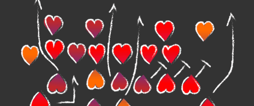 Um esquema de futebol com corações substituindo Xs e Os.