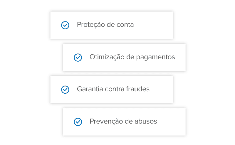 A solução antifraude da Signifyd oferece: Proteção de conta, Otimização de pagamentos, Garantia contra fraudes e Prevenção de abusos 