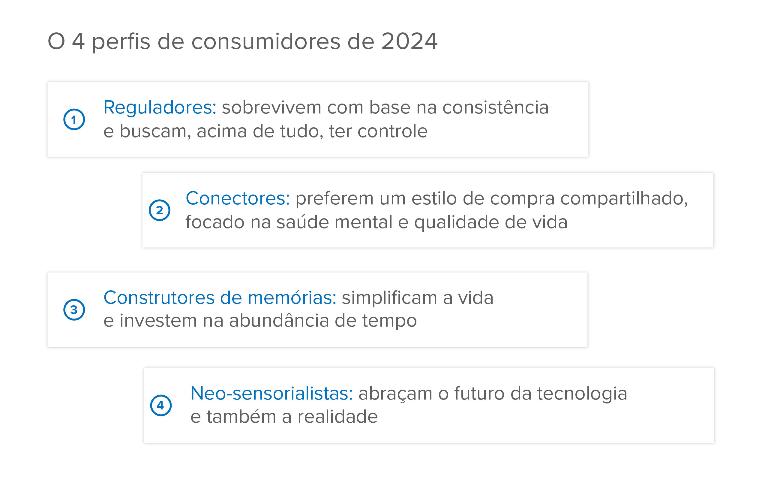 O 4 perfis de consumidores de 2024 Reguladores: sobrevivem com base na consistência e buscam, acima de tudo, ter controle Conectores: preferem um estilo de compra compartilhado, focado na saúde mental e qualidade de vida Construtores de memórias: simplificam a vida e investem na abundância de tempo Neo-sensorialistas: abraçam o futuro da tecnologia e também a realidade