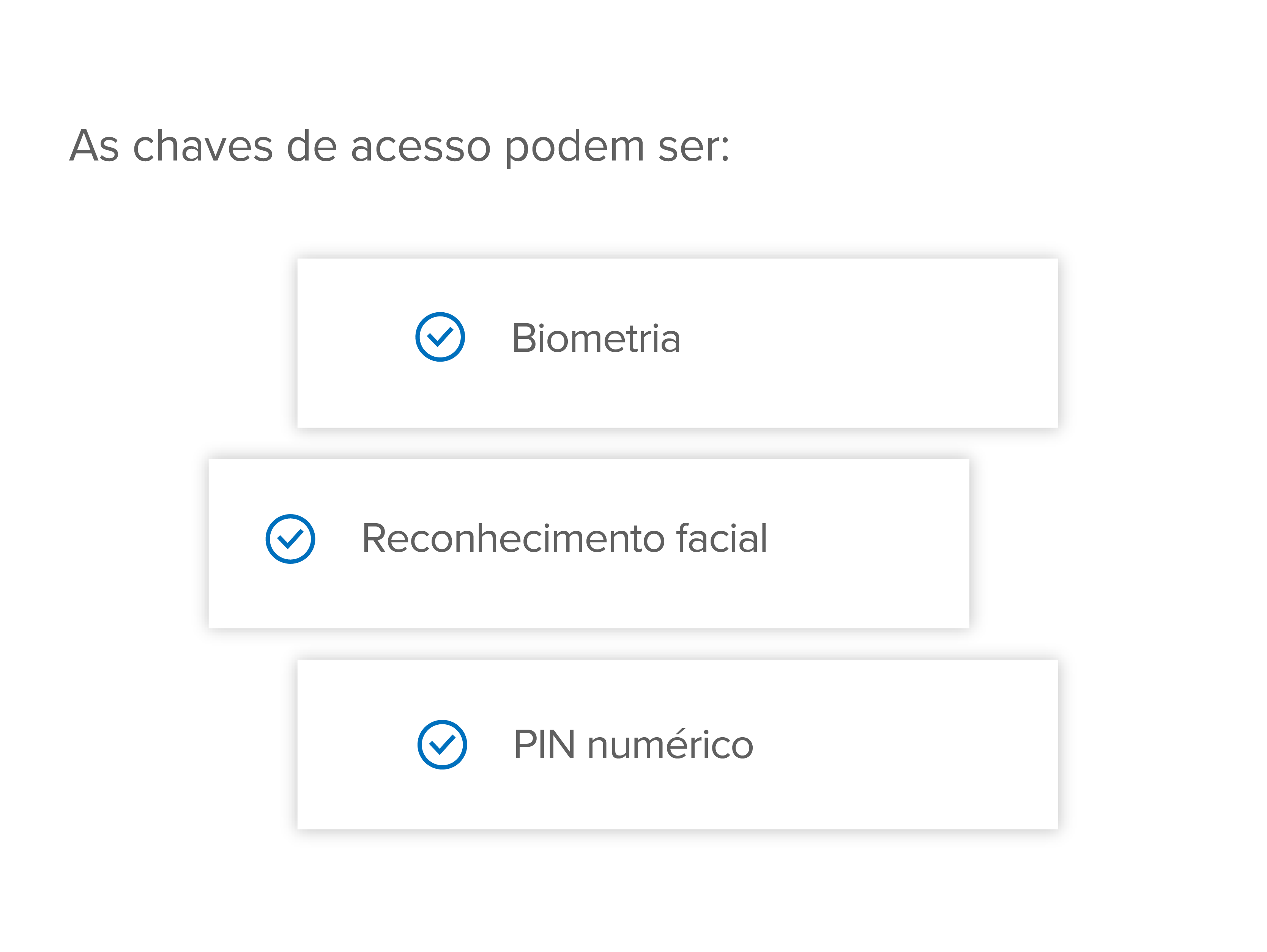 As chaves de acesso podem ser: biometria, reconhecimento facial e PIN numérico