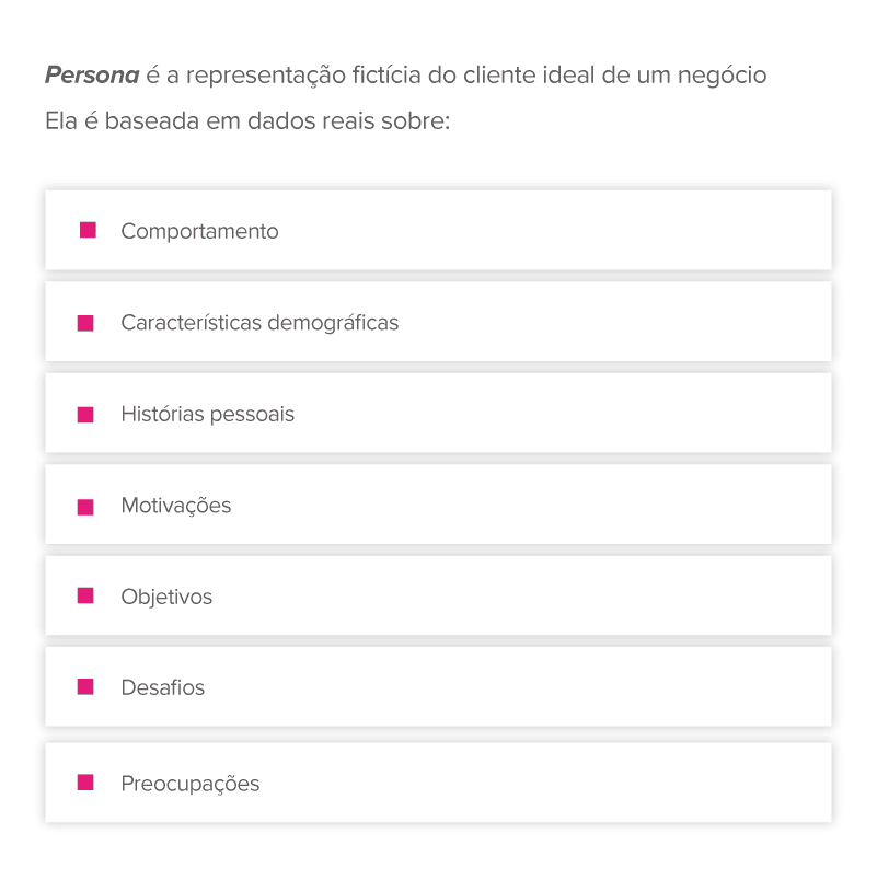 Persona é a representação fictícia do cliente ideal de um negócio Ela é baseada em dados reais sobre: - Comportamento - Características demográficas - Histórias pessoais - Motivações - Objetivos - Desafios - Preocupações 