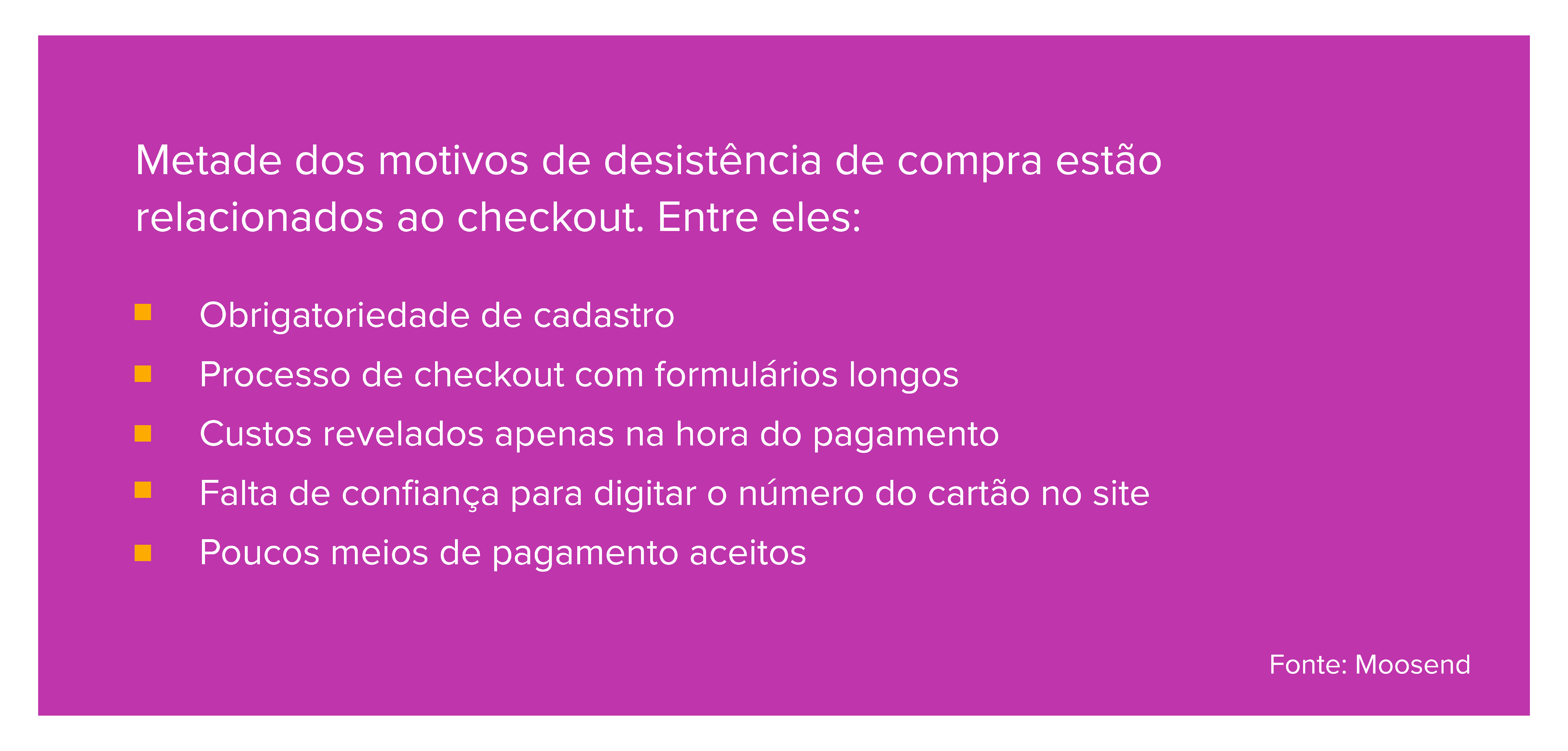 Metade dos motivos de desistência de compra estão relacionados ao checkout. Entre eles: Obrigatoriedade de cadastro Processo de checkout com formulários longos Custos revelados apenas na hora do pagamento Falta de confiança para digitar o número do cartão no site Poucos meios de pagamento aceitos Fonte: Moosend 