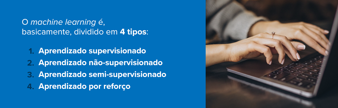 O machine learning é, basicamente, dividido em 4 tipos: Aprendizado supervisionado Aprendizado não-supervisionado Aprendizado semi-supervisionado Aprendizado por reforço 