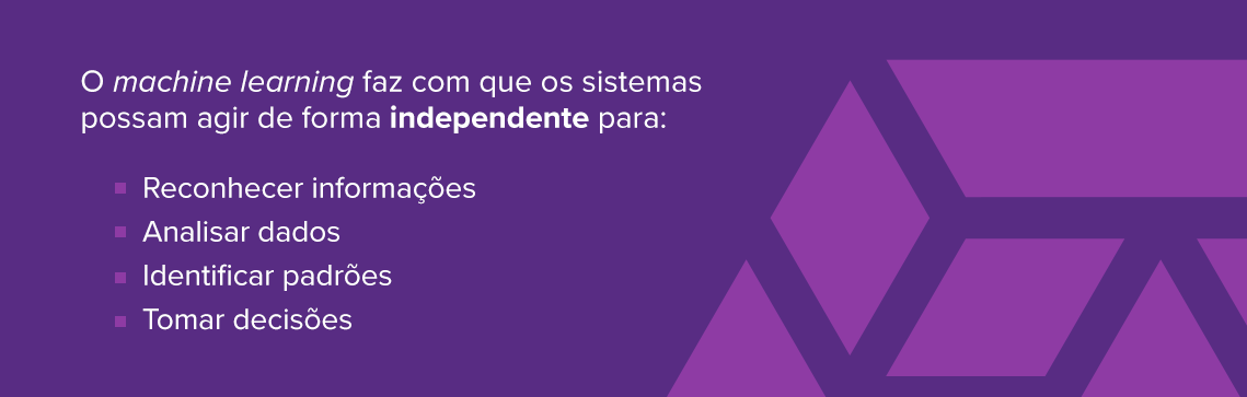 O machine learning faz com que os sistemas possam agir de forma independente para: Reconhecer informações Analisar dados Identificar padrões Tomar decisões 