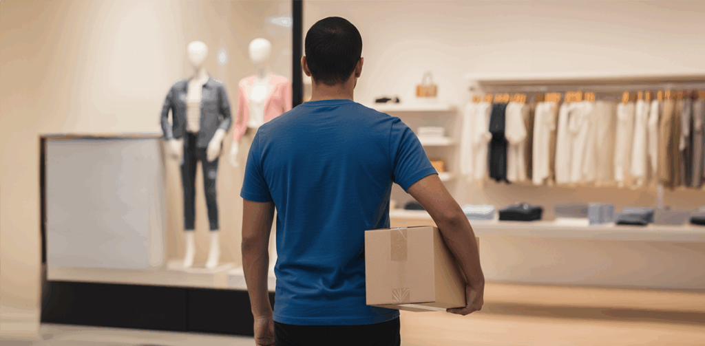 Homem segurando caixa olhando para uma loja