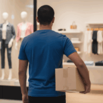 Homem segurando caixa olhando para uma loja