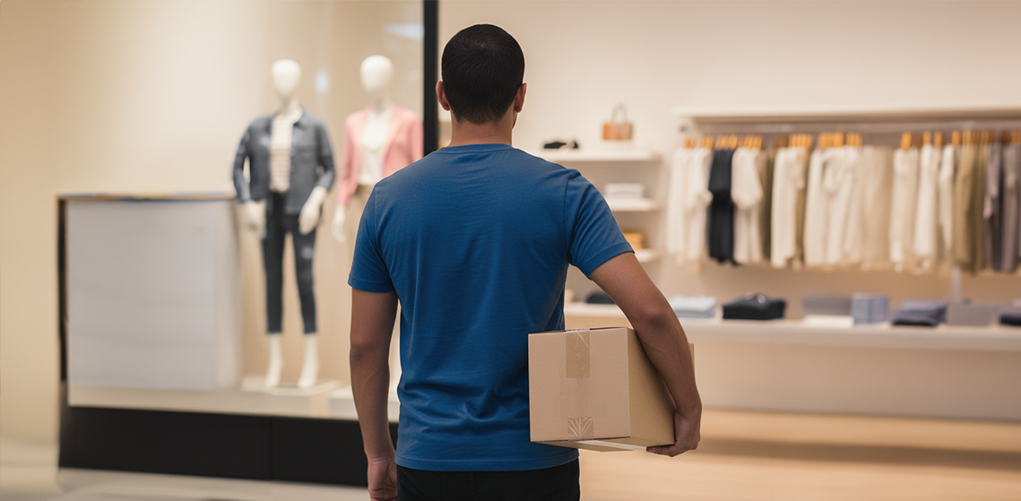 Homem segurando caixa olhando para uma loja