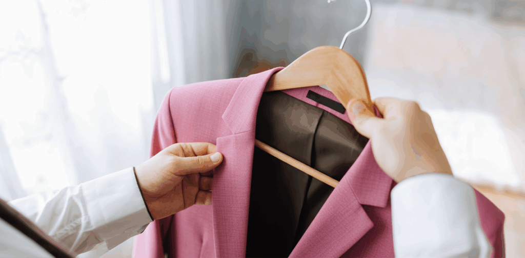 Mulher segurando um casaco rosa preso a um cabide.