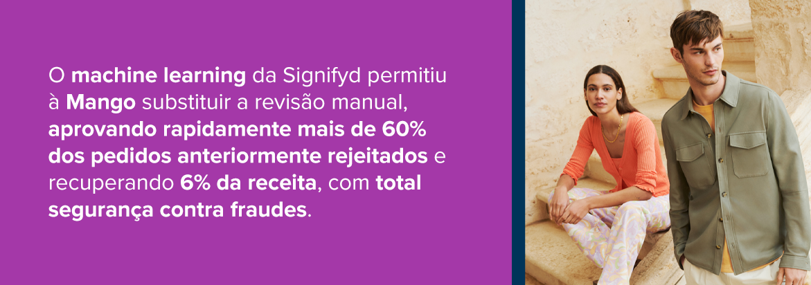 O machine learning da Signifyd permitiu à Mango substituir a revisão manual, aprovando rapidamente mais de 60% dos pedidos anteriormente rejeitados e recuperando 6% da receita, com total segurança contra fraudes.