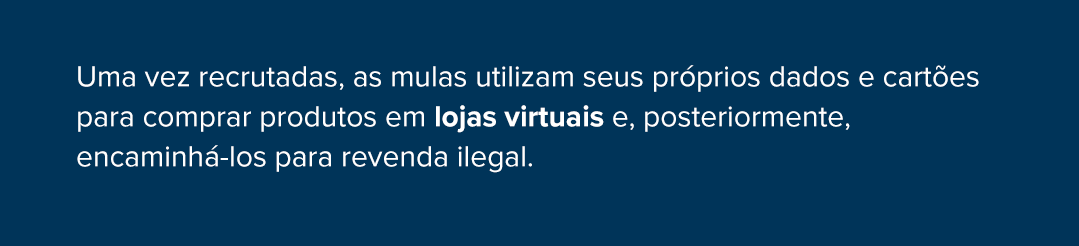 Uma vez recrutadas, as mulas utilizam seus pr&oacute;prios dados e cart&otilde;es para comprar produtos em lojas virtuais e, posteriormente, encaminh&aacute;-los para revenda ilegal