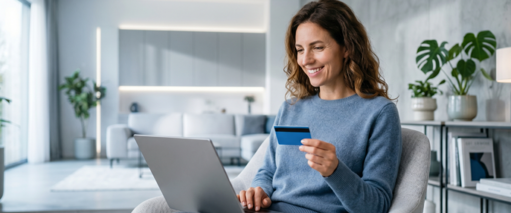 Mulher segurando cartão de crédito azul e digitando em um notebook em busca de tendências do e-commerce